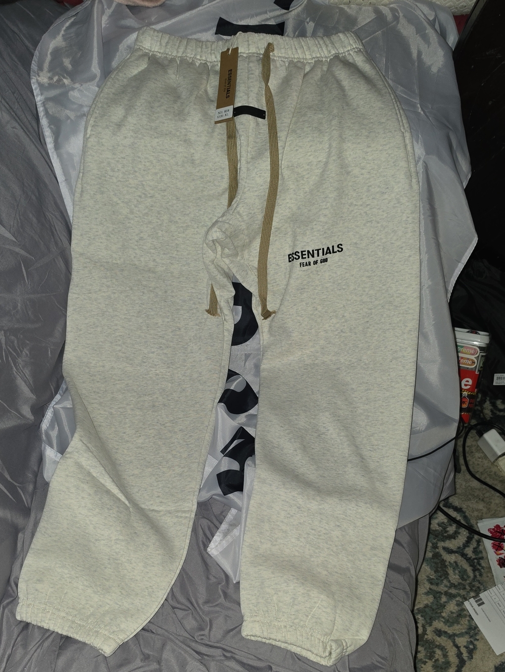 Essentials Men’s Sweatpants in Light Gray with Tan Drawstrings